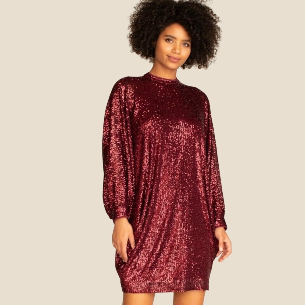 Trina‎ Turk Womens Red Sequin Open Back Batwing Sleeve Mini Dress Size L